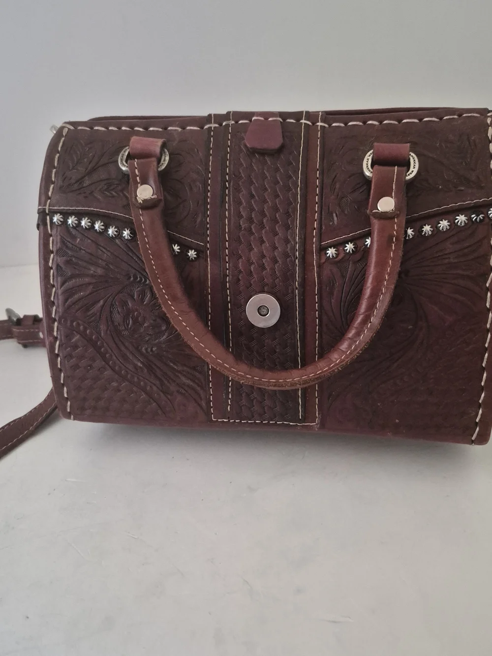 American West Red Rum Color Tooled Leather Handbag